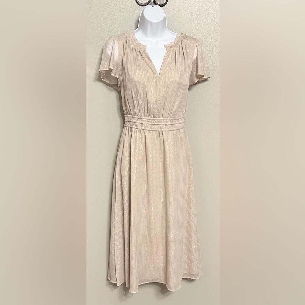 Ann Taylor NWT Beige Midi Dress with Subtle Shimmer, size 4
